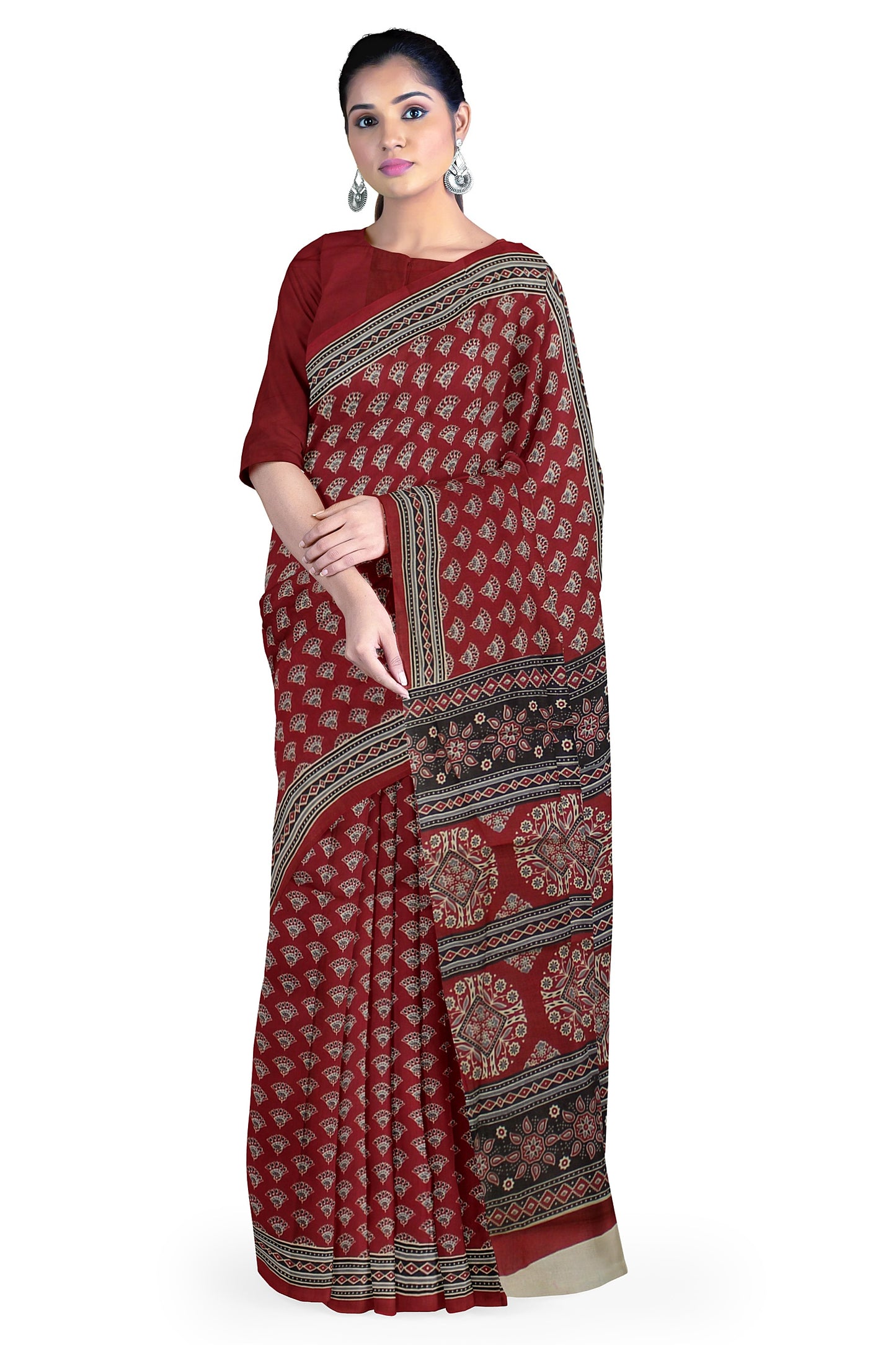 Cotton Block Printed Saree With Unstitched Blouse Piece
