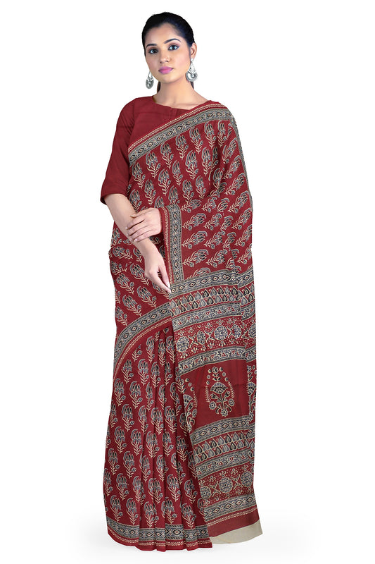 Cotton Block Printed Saree With Unstitched Blouse Piece