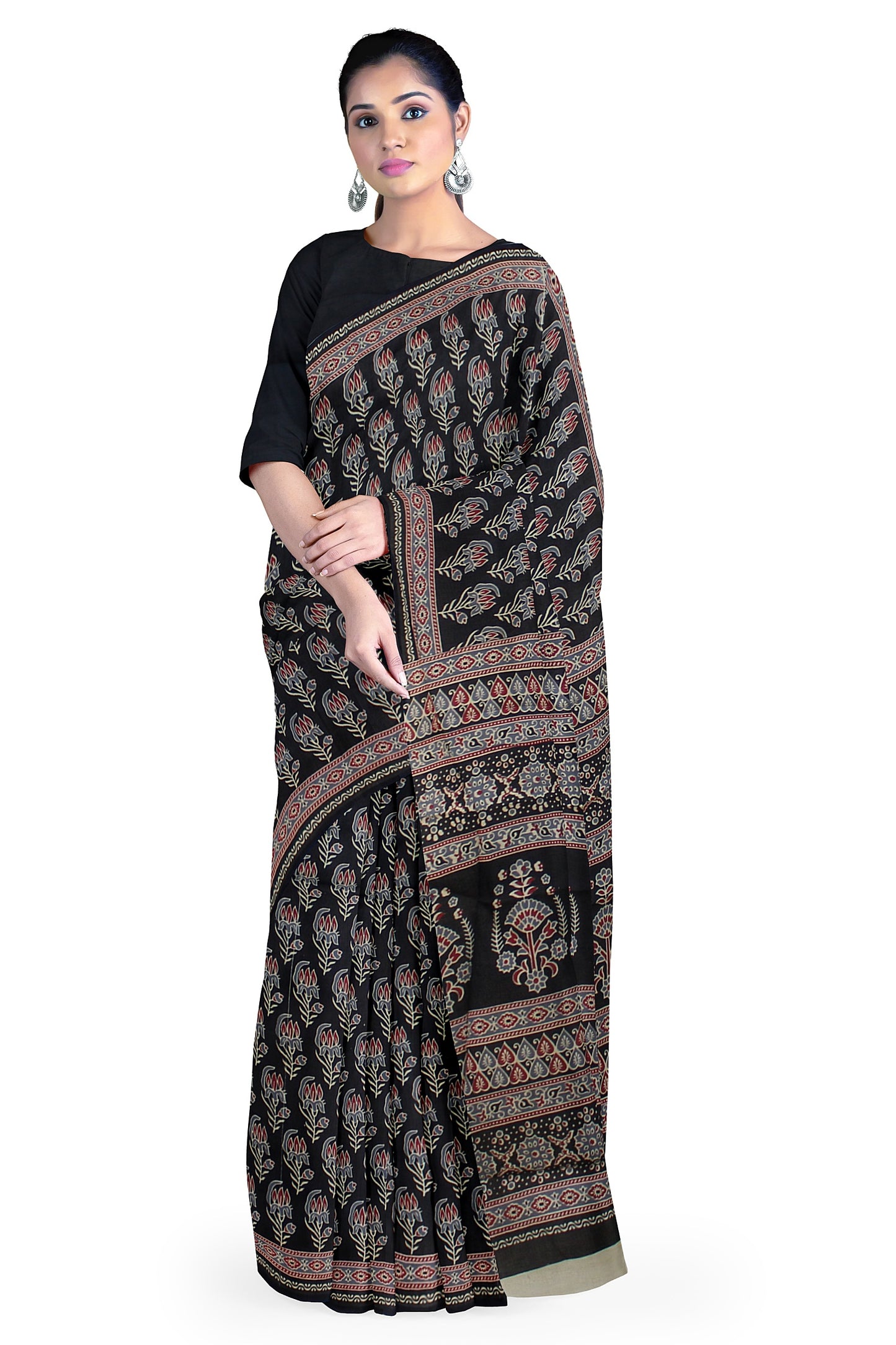 Cotton Block Printed Saree With Unstitched Blouse Piece