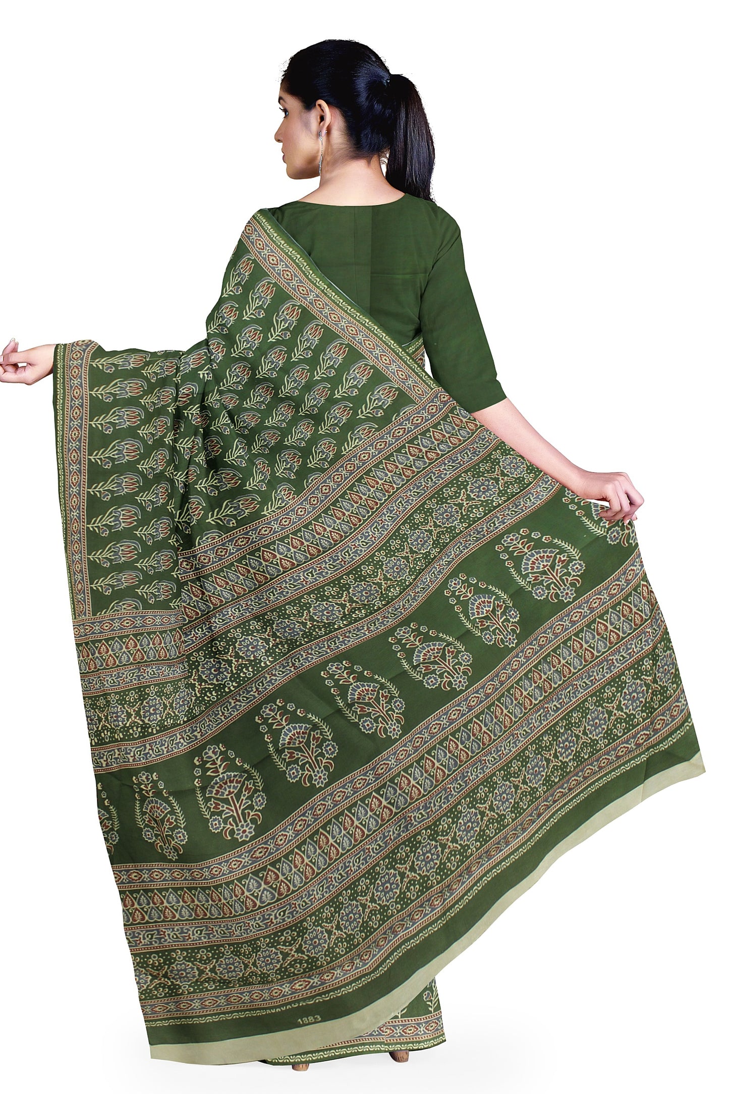 Cotton Block Printed Saree With Unstitched Blouse Piece