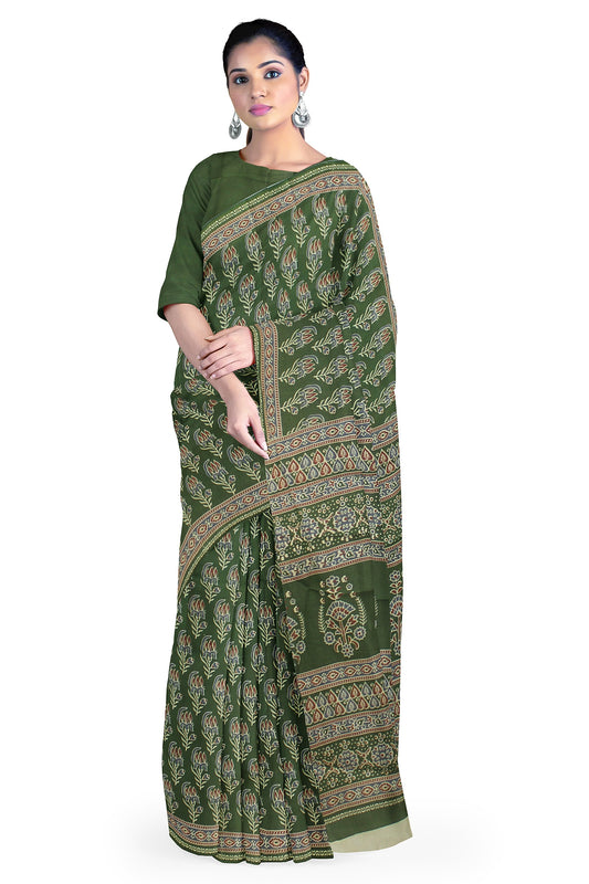 Cotton Block Printed Saree With Unstitched Blouse Piece