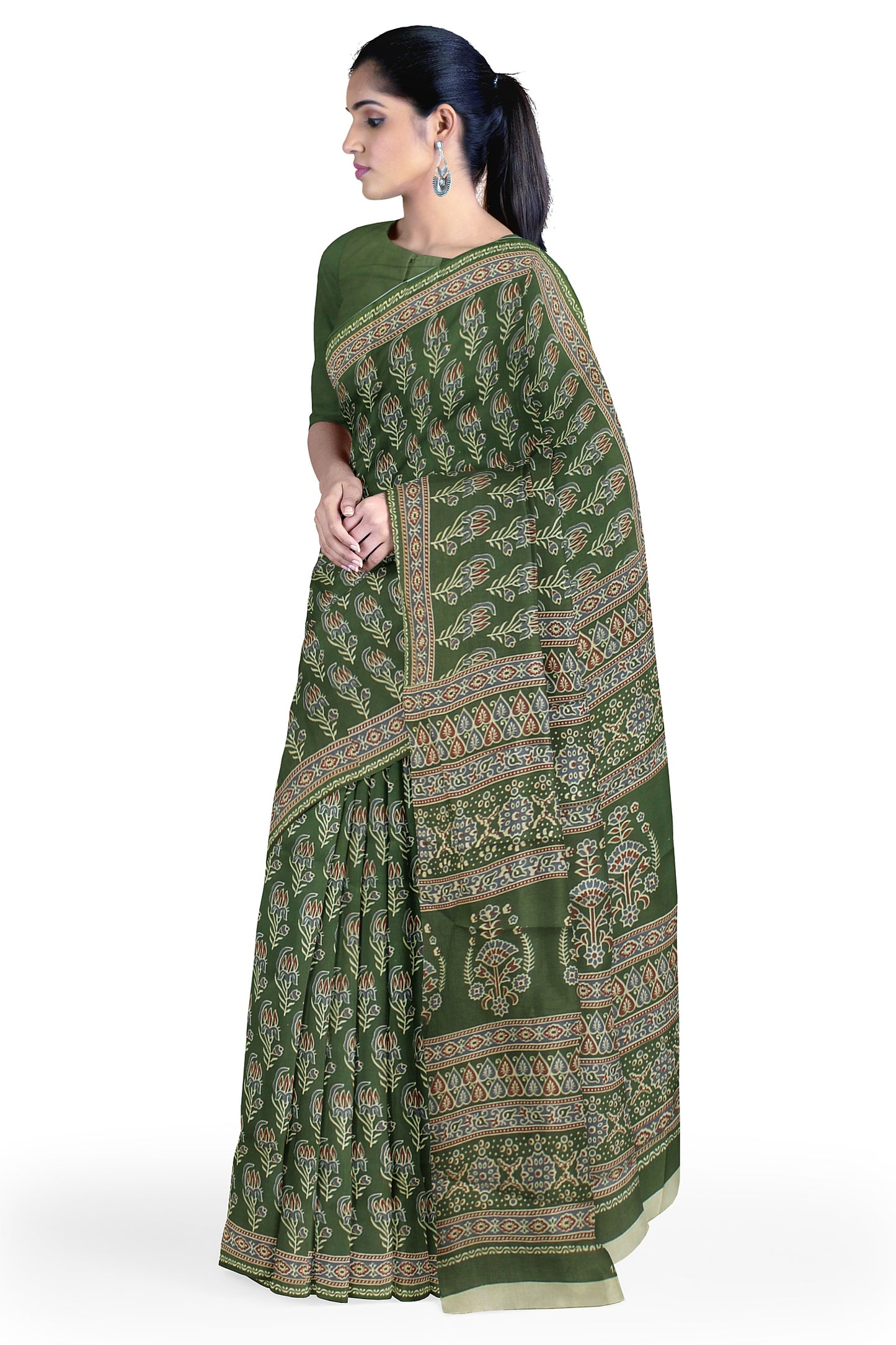 Cotton Block Printed Saree With Unstitched Blouse Piece