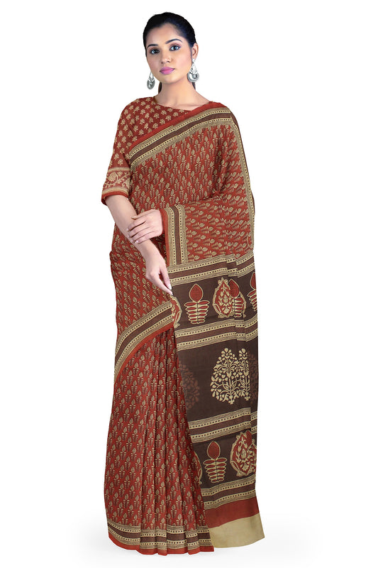 Cotton Block Printed Saree With Unstitched Blouse Piece