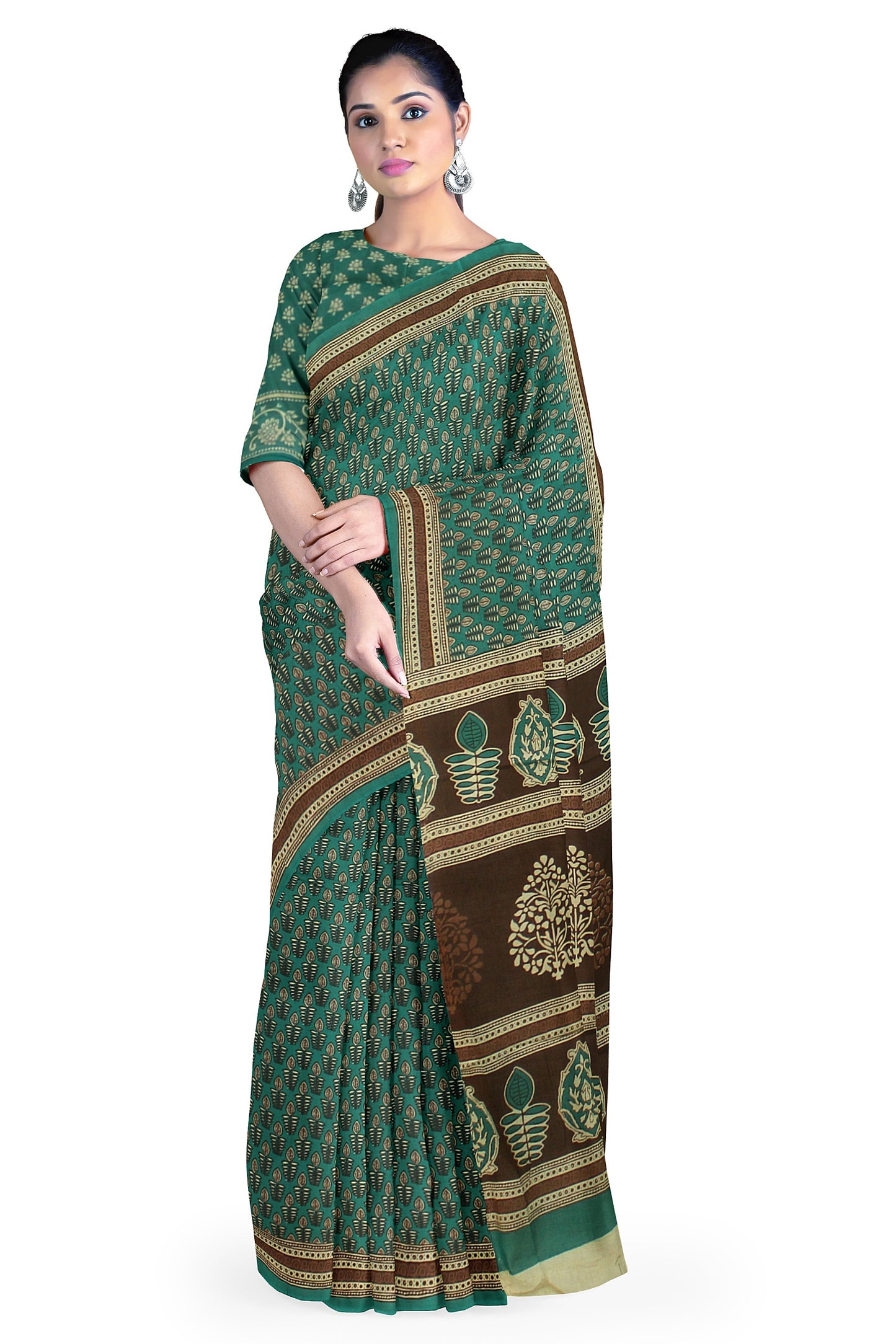 Cotton Block Printed Saree With Unstitched Blouse Piece