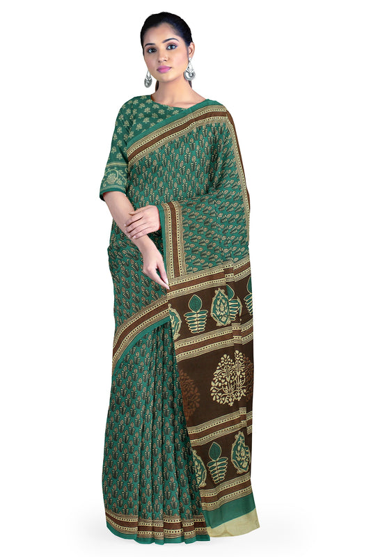 Cotton Block Printed Saree With Unstitched Blouse Piece