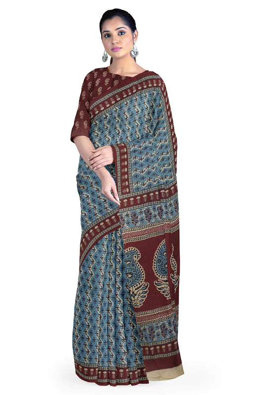 Cotton Block Printed Saree With Unstitched Blouse Piece
