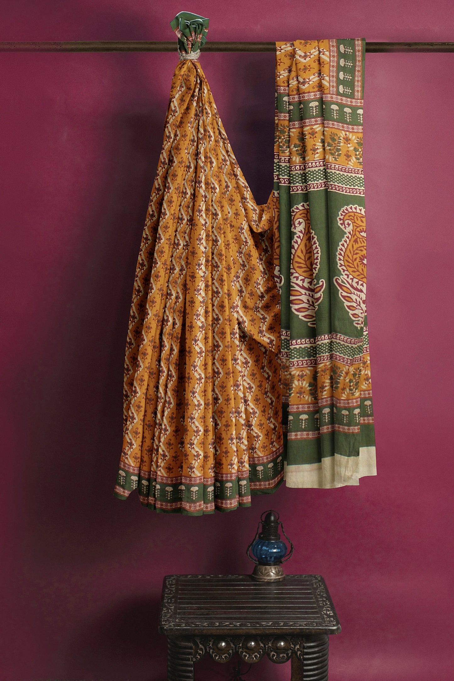 Cotton Block Printed Saree With Unstitched Blouse Piece