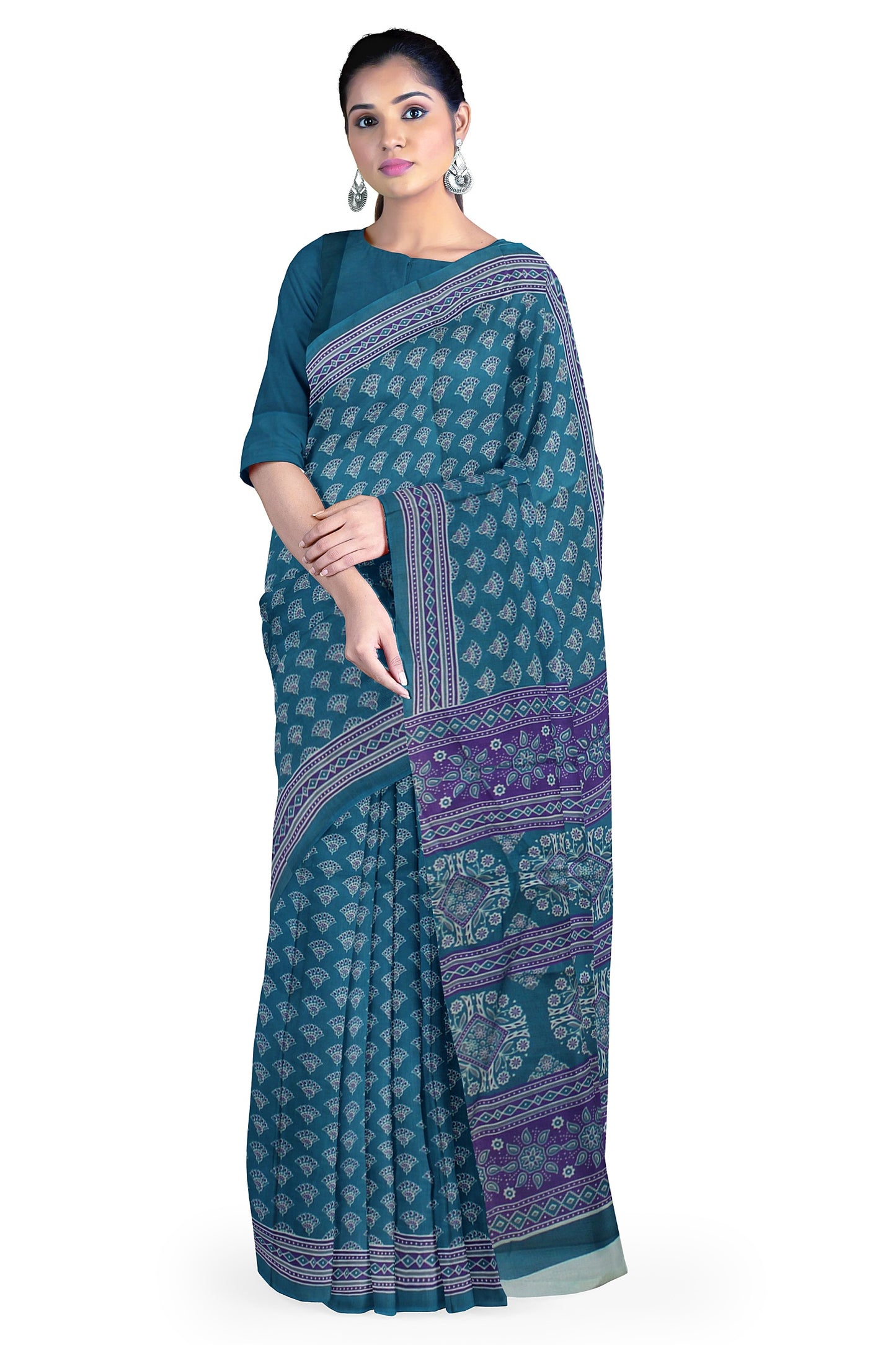Cotton Block Printed Saree With Unstitched Blouse Piece