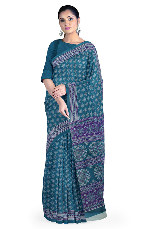 Cotton Block Printed Saree With Unstitched Blouse Piece