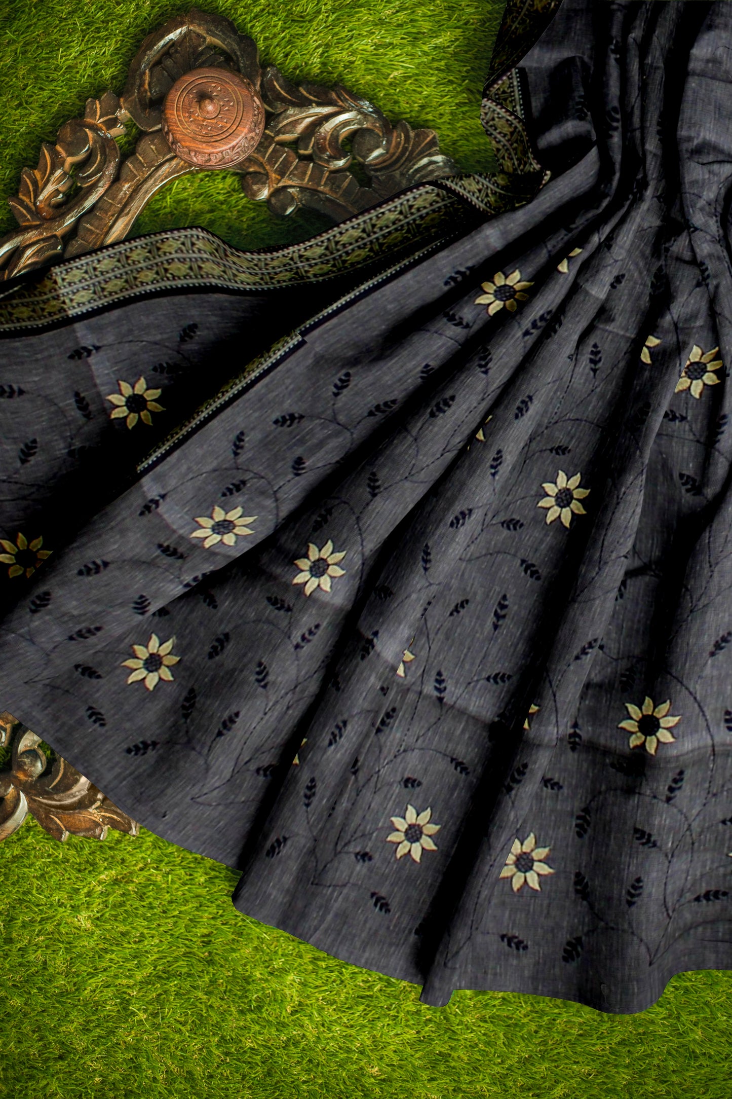 Dark Gray Cotton Saree with Floral Motifs and Contrasting Border