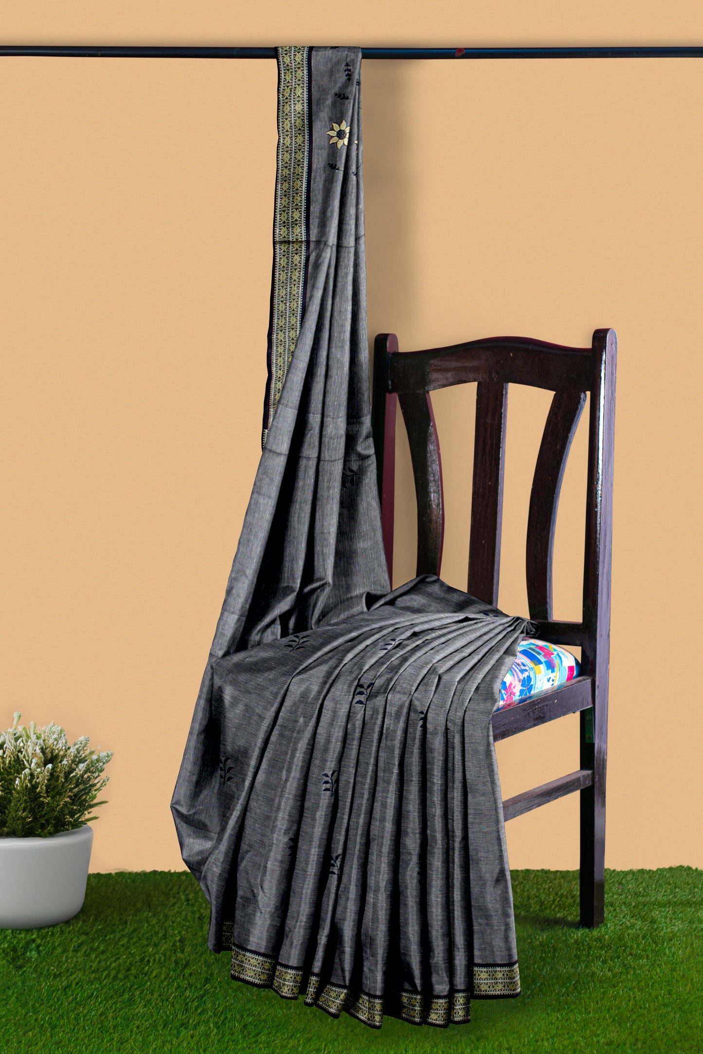Dark Gray Cotton Saree with Floral Motifs and Contrasting Border
