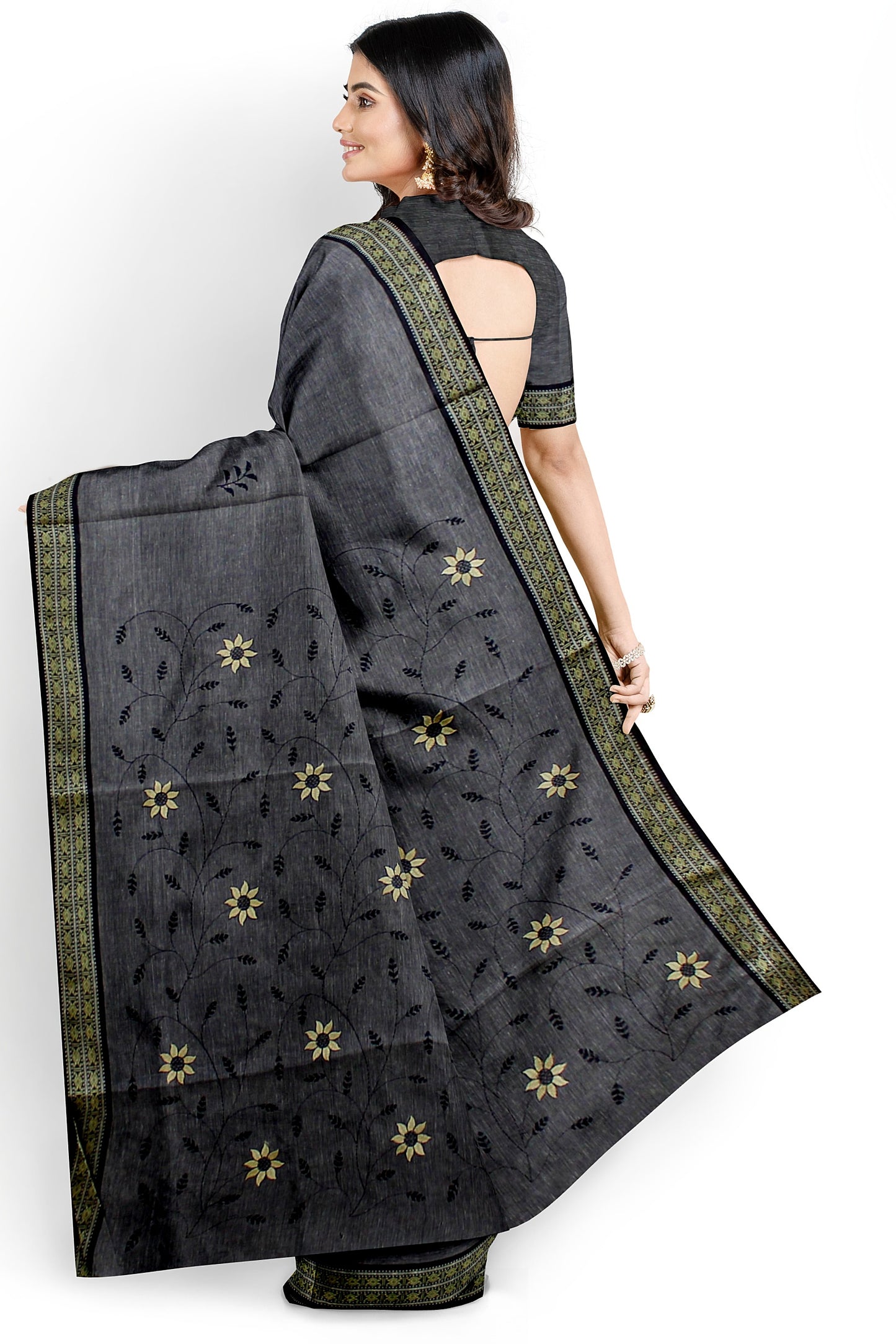Dark Gray Cotton Saree with Floral Motifs and Contrasting Border