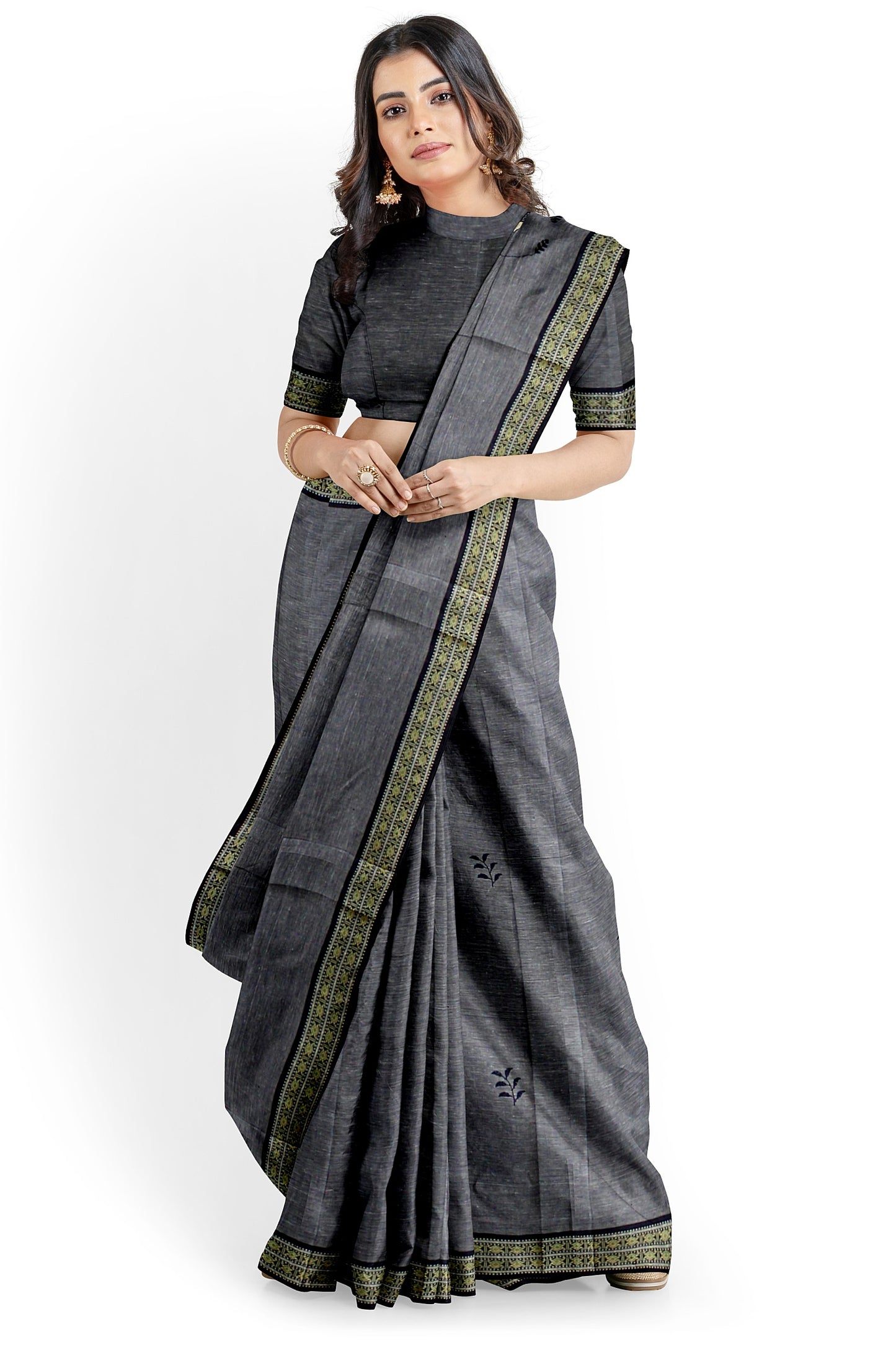 Dark Gray Cotton Saree with Floral Motifs and Contrasting Border