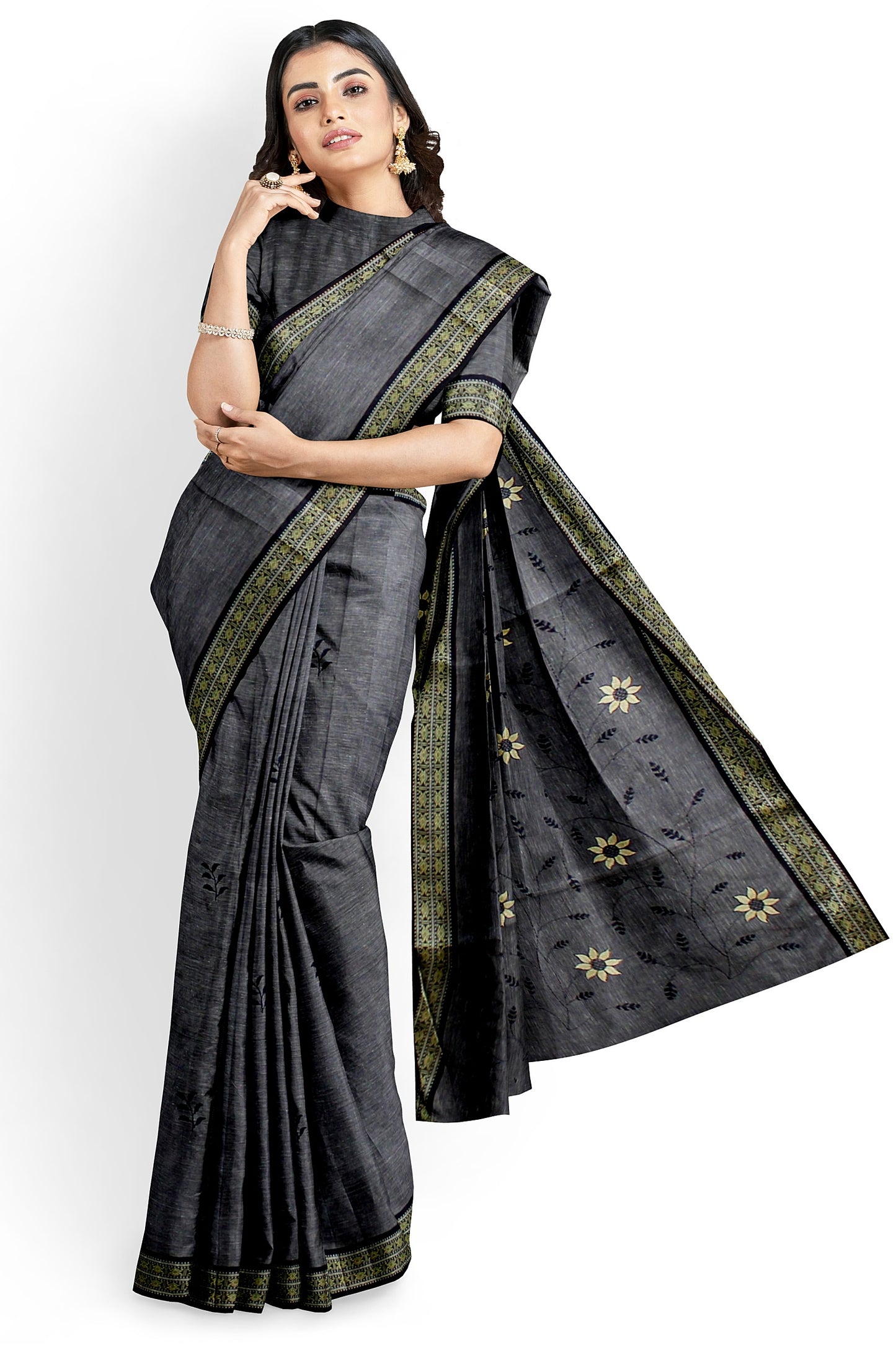 Dark Gray Cotton Saree with Floral Motifs and Contrasting Border