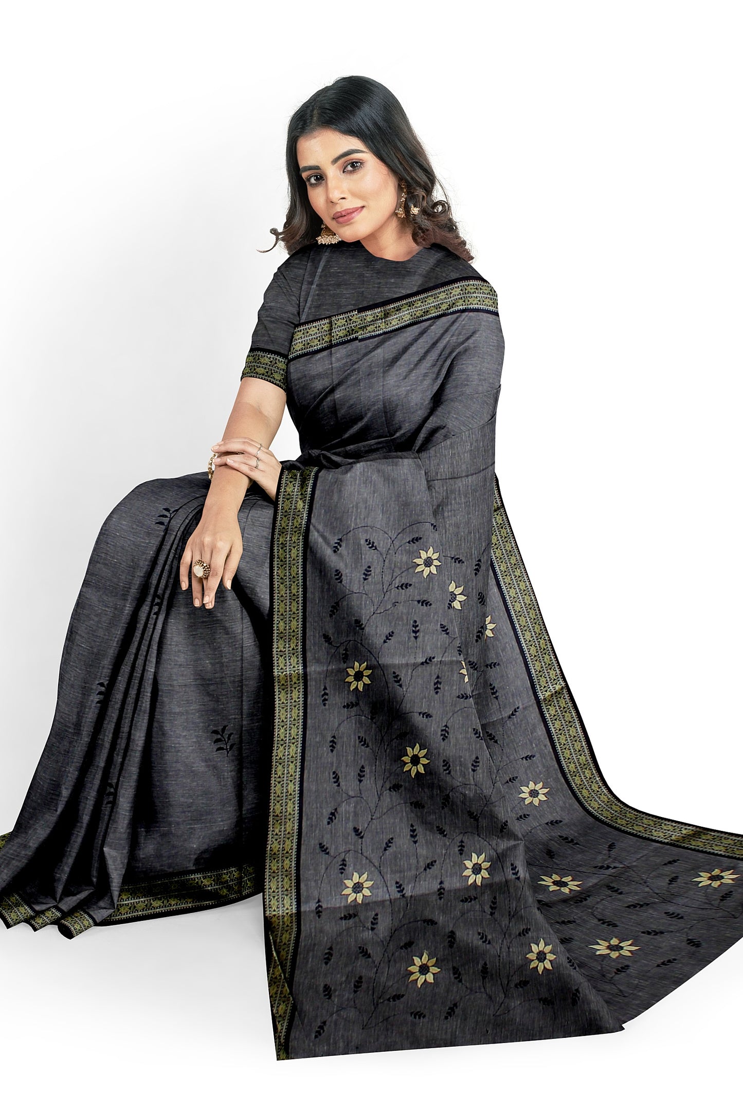 Dark Gray Cotton Saree with Floral Motifs and Contrasting Border