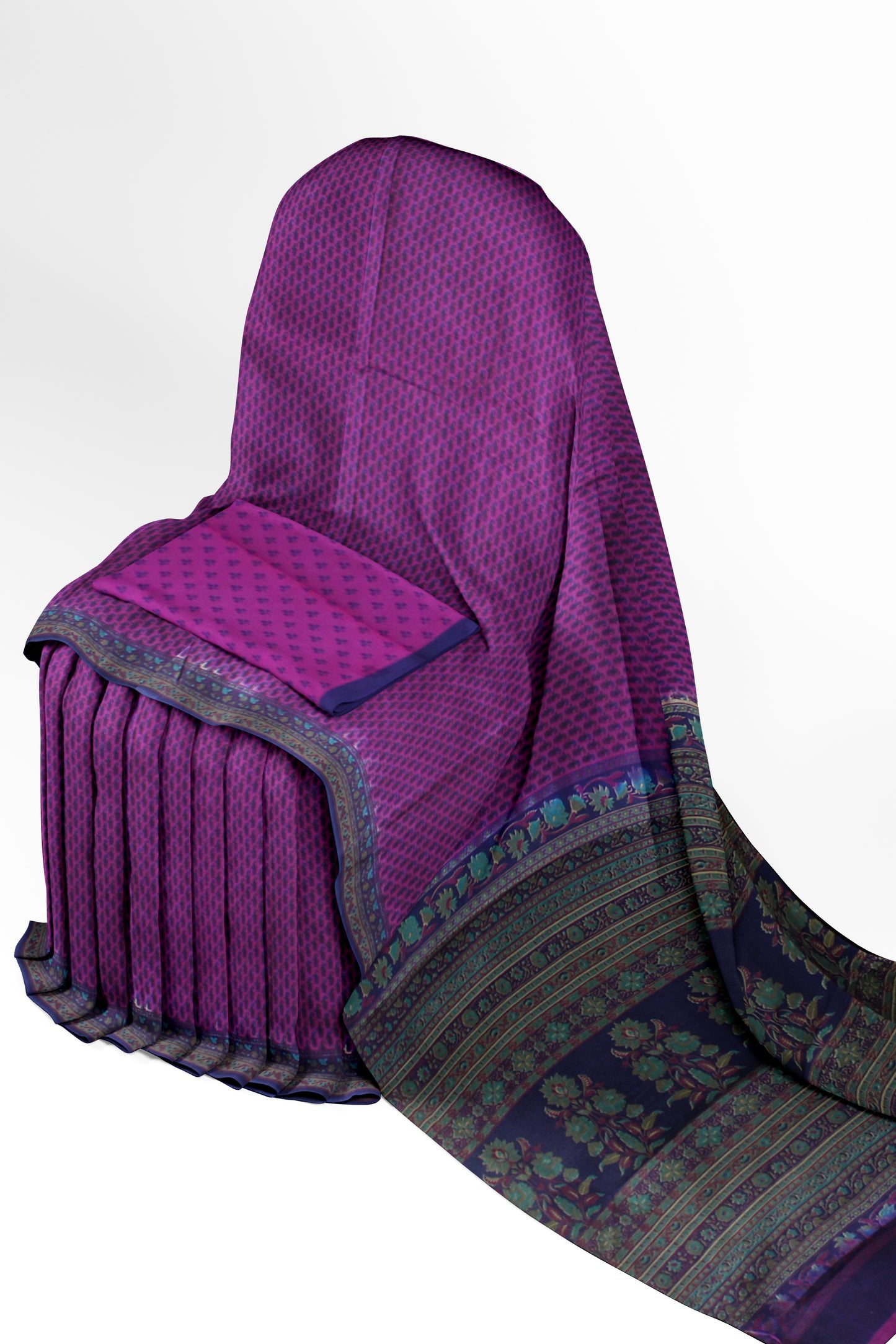 Purple Cotton Saree with Floral and Geometric Border