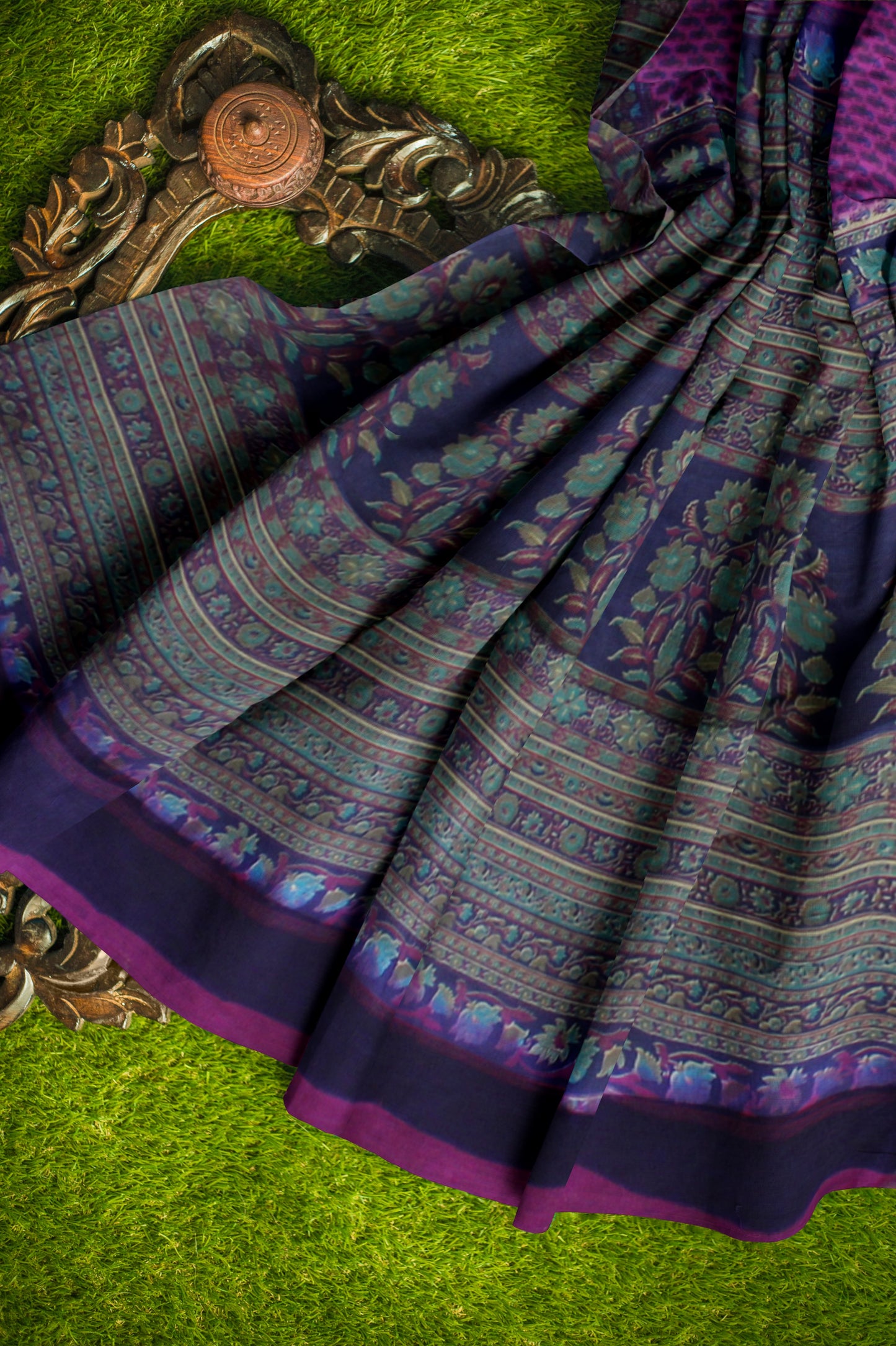 Purple Cotton Saree with Floral and Geometric Border