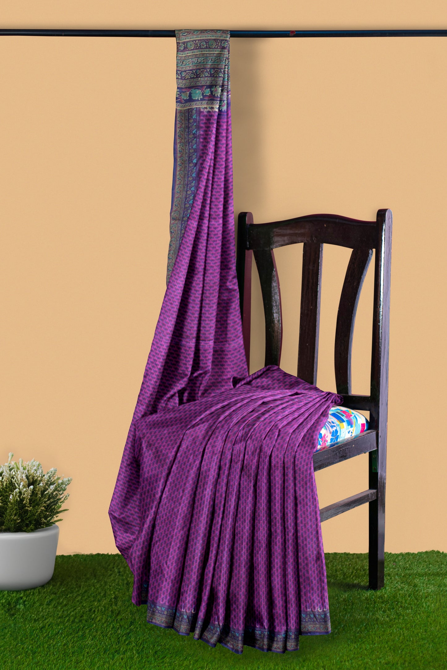 Purple Cotton Saree with Floral and Geometric Border