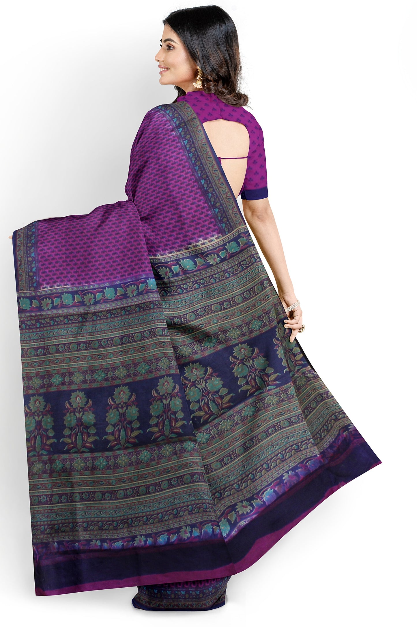 Purple Cotton Saree with Floral and Geometric Border