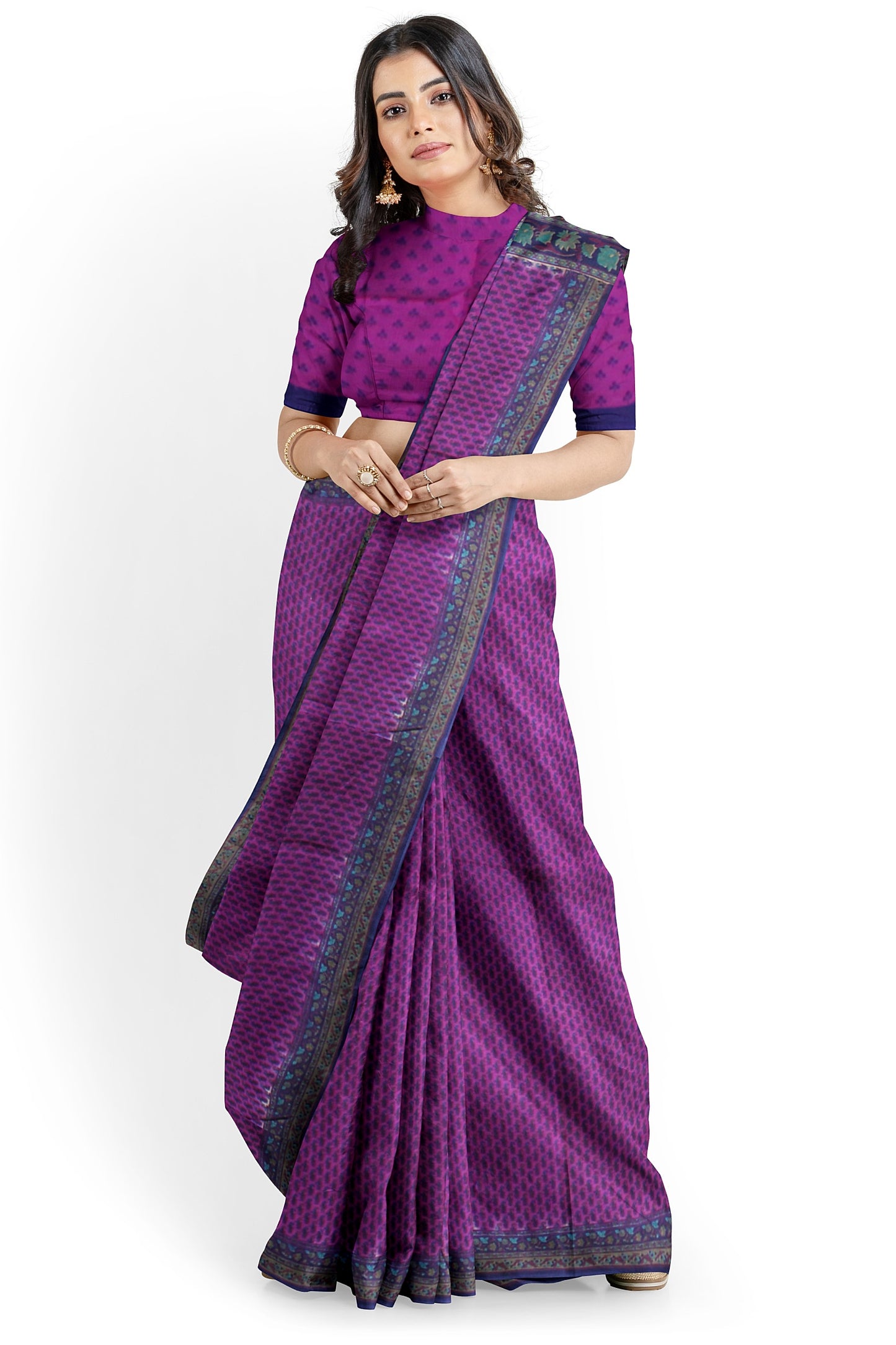 Purple Cotton Saree with Floral and Geometric Border