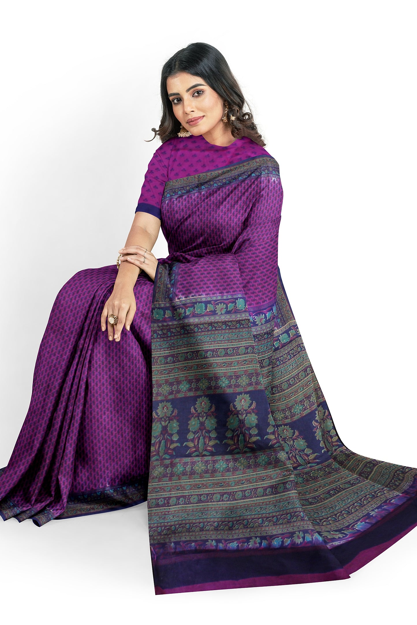 Purple Cotton Saree with Floral and Geometric Border