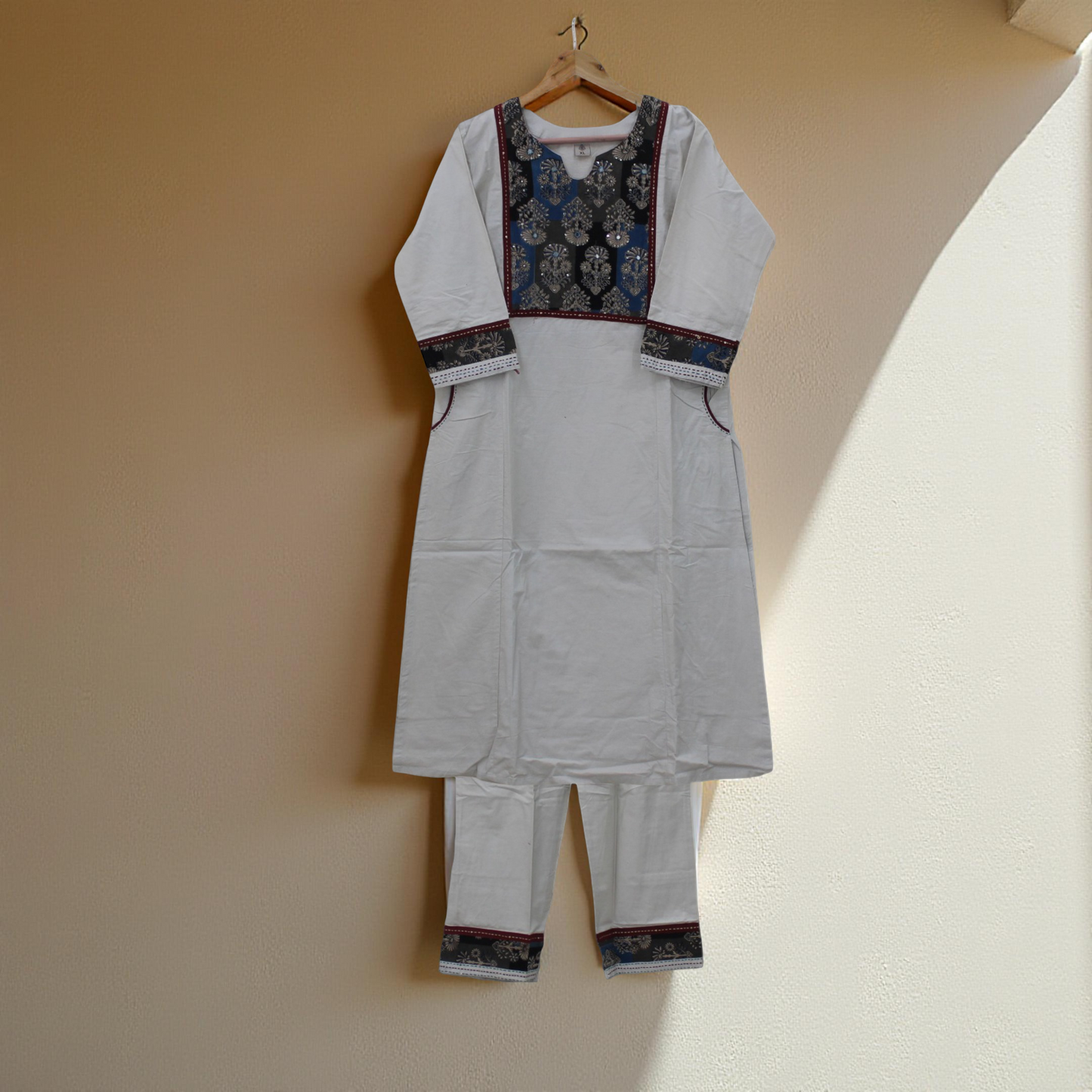 Cotton Kurti Pant Set - Patchwork Yoke & Mirror Work