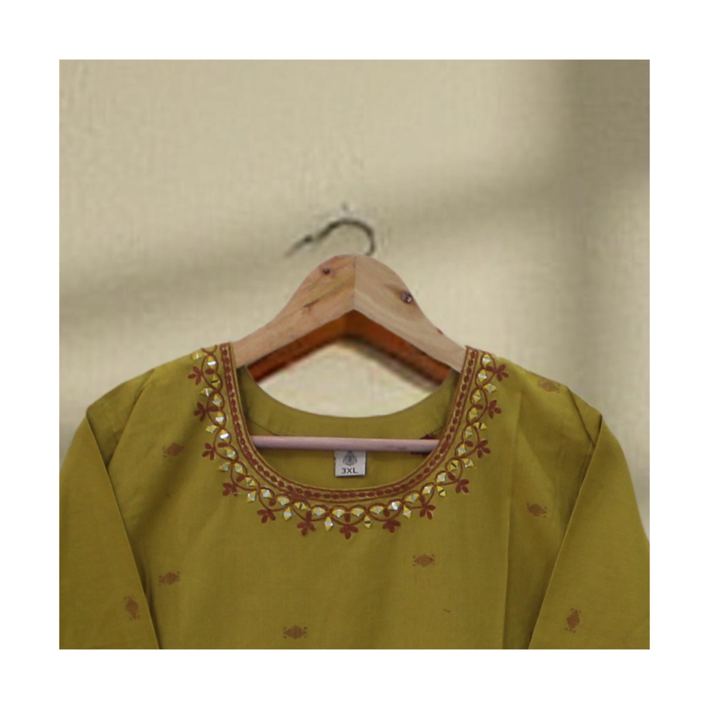 Olive Green Kurta with Geometric Print and Mirror Work Neckline (3XL)