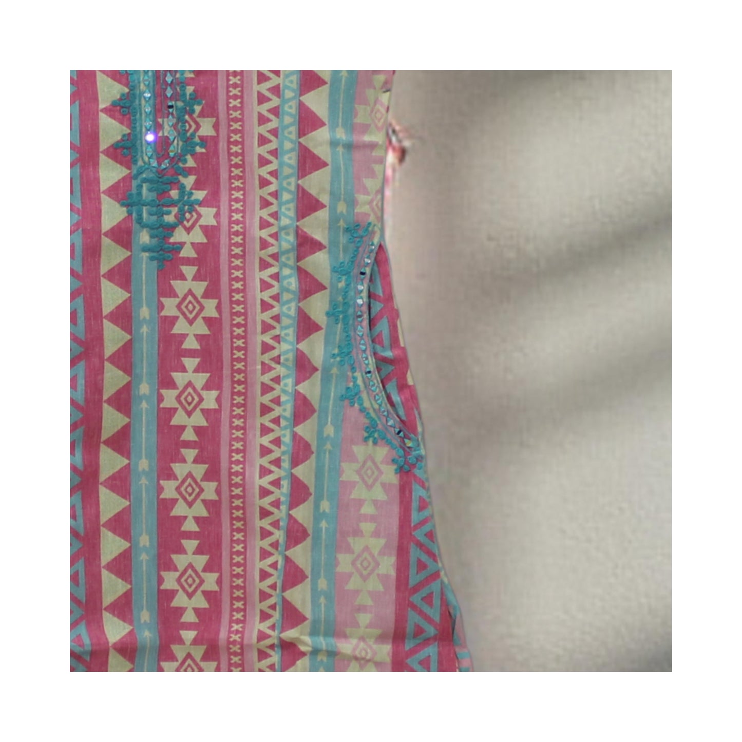 Multicolor Geometric Printed Cotton Kurti with Embroidered Neckline