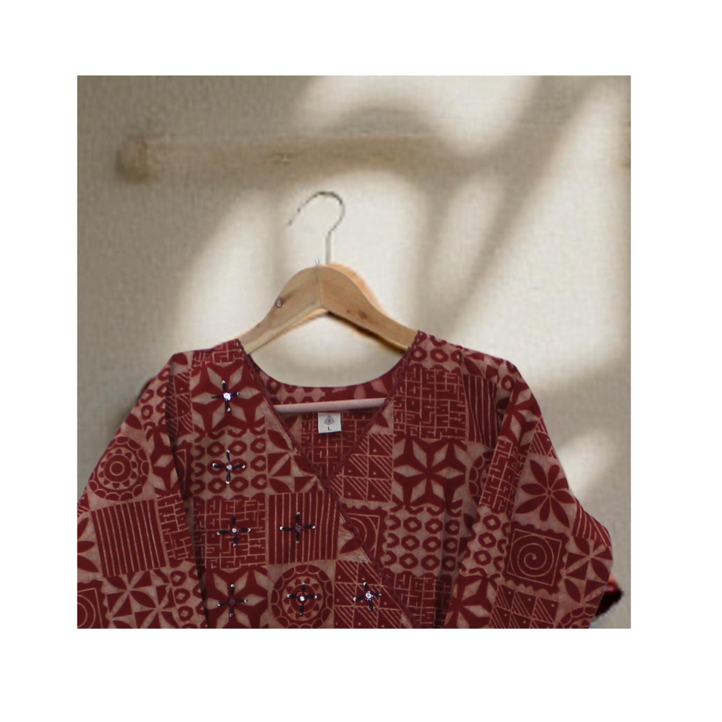 Maroon Geometric Printed Cotton Kurti with Mirror Work