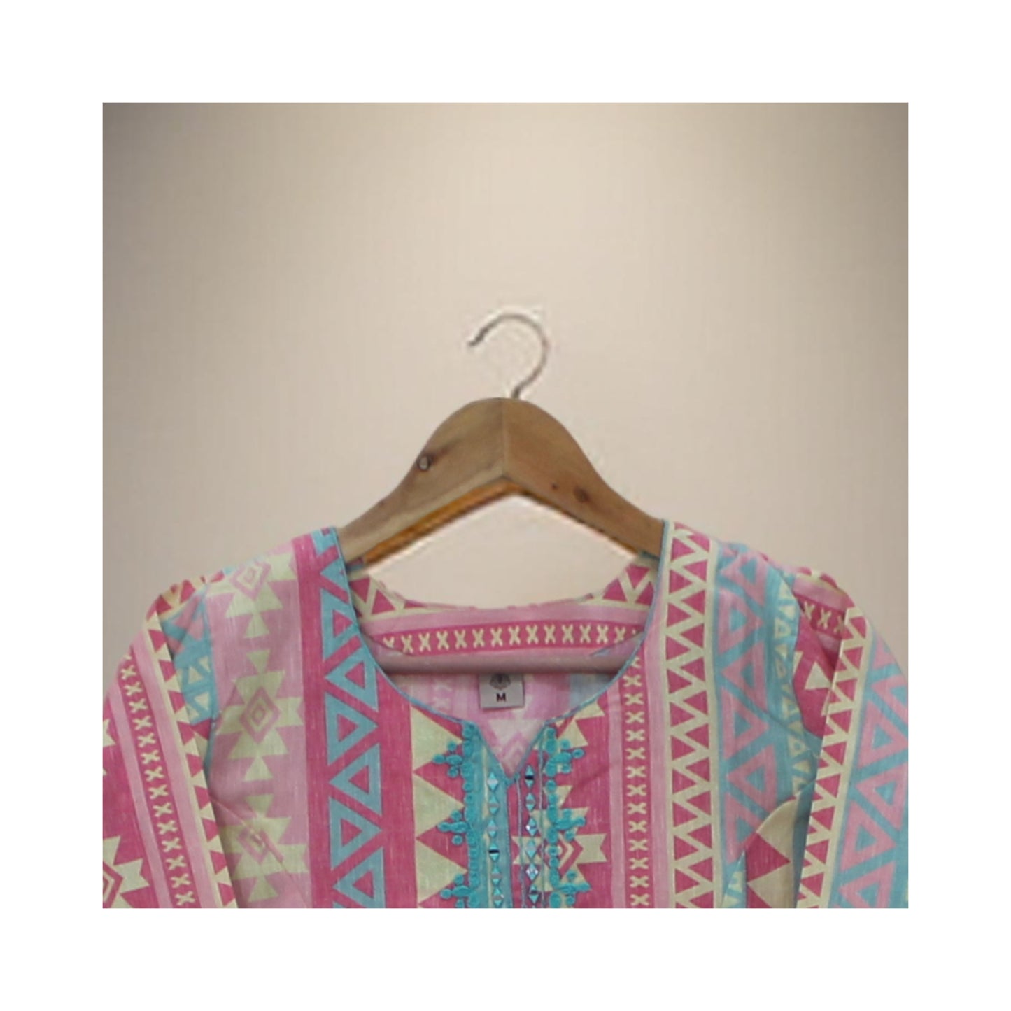 Multicolor Geometric Printed Cotton Kurti with Embroidered Neckline