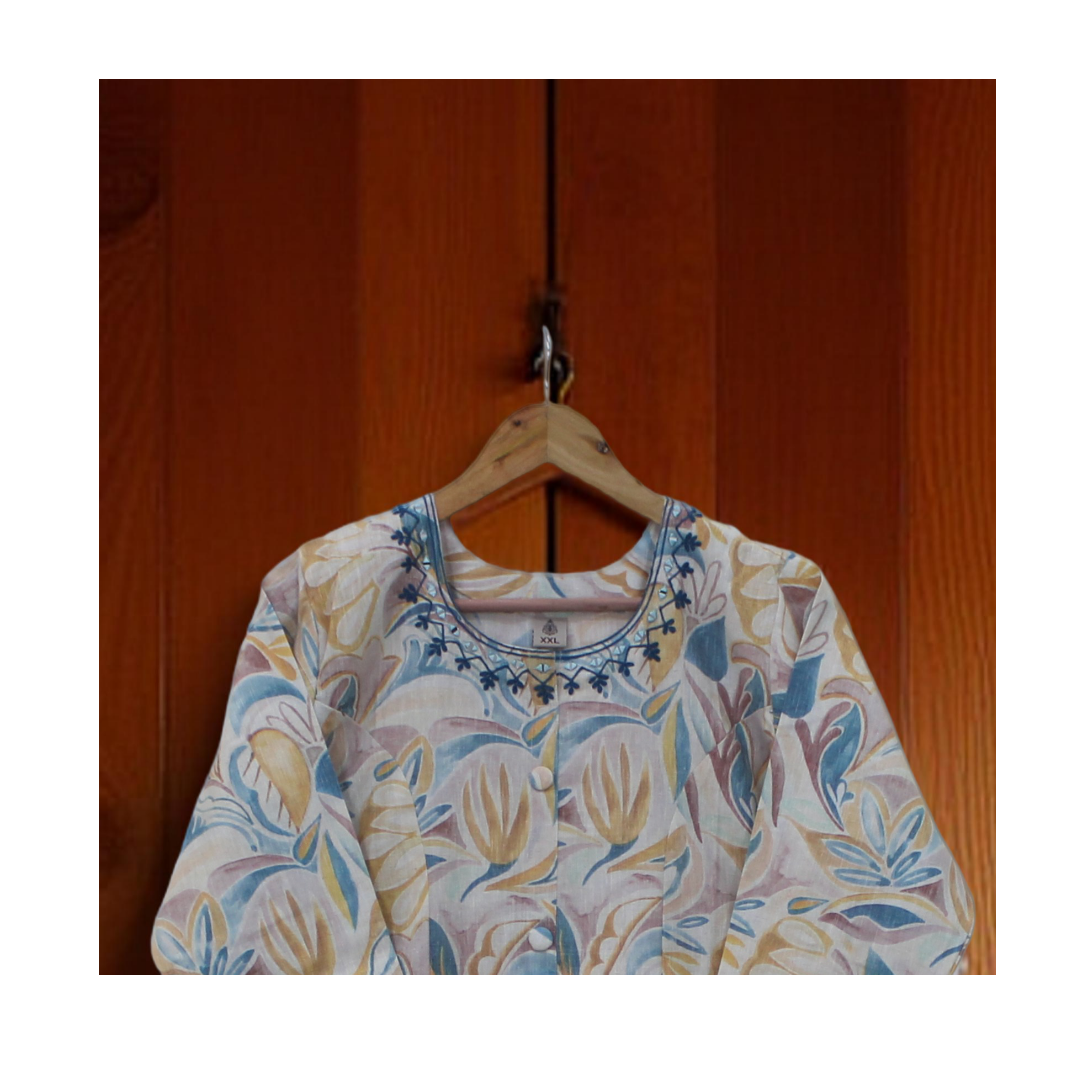 Artisanal Print Kurta with Hand-Embroidered Yoke & Pocket Details (XXL)