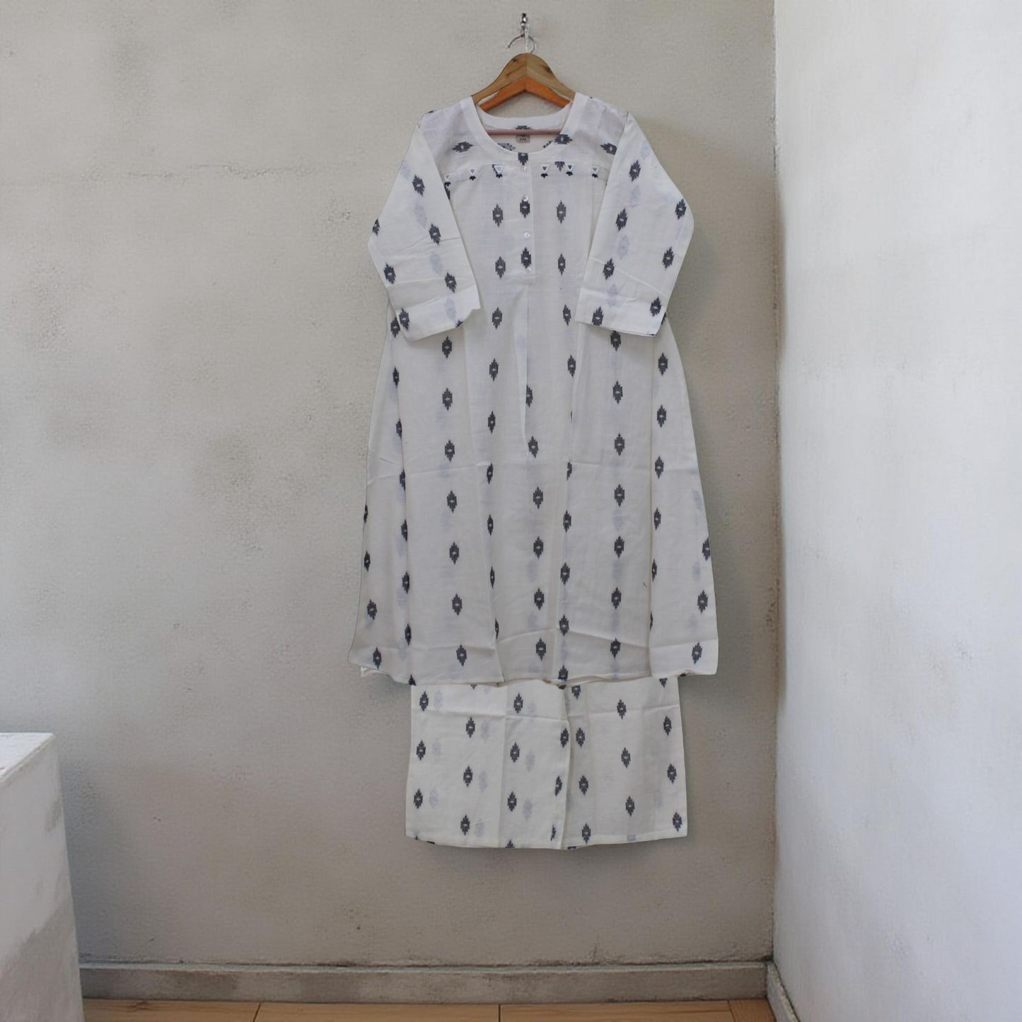 Elegant White Printed Cotton A-Line Kurti with Trousers Set