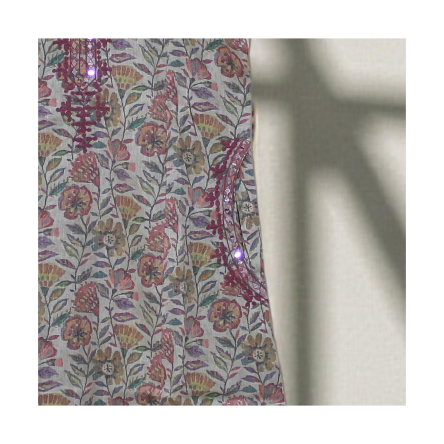 Printed Floral Kurta with Side Pockets | Embroidered Yoke